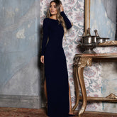 Einzigartiges rückenfreies, langärmliges Maxikleid mit hohem Schlitz - Schwarz